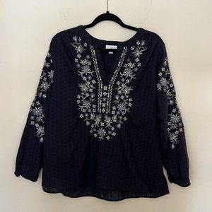 J.Jill Split Neckline Embroidered Tunic Large Navy Dot 100 Cotton Elastic Sleeve